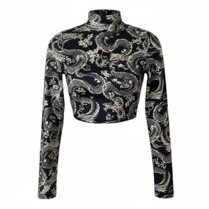 XS Black Dragon Print Mock Neck Long Sleeve Crop Top Stretch Asian‎ 90's Y2k